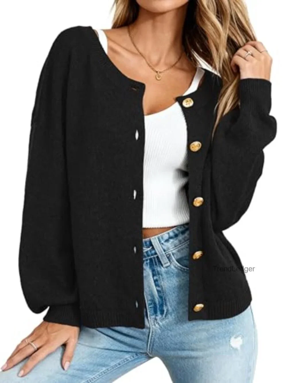 Oversized Cropped Cardigan Sweater Women Open Front Gold Button Knit